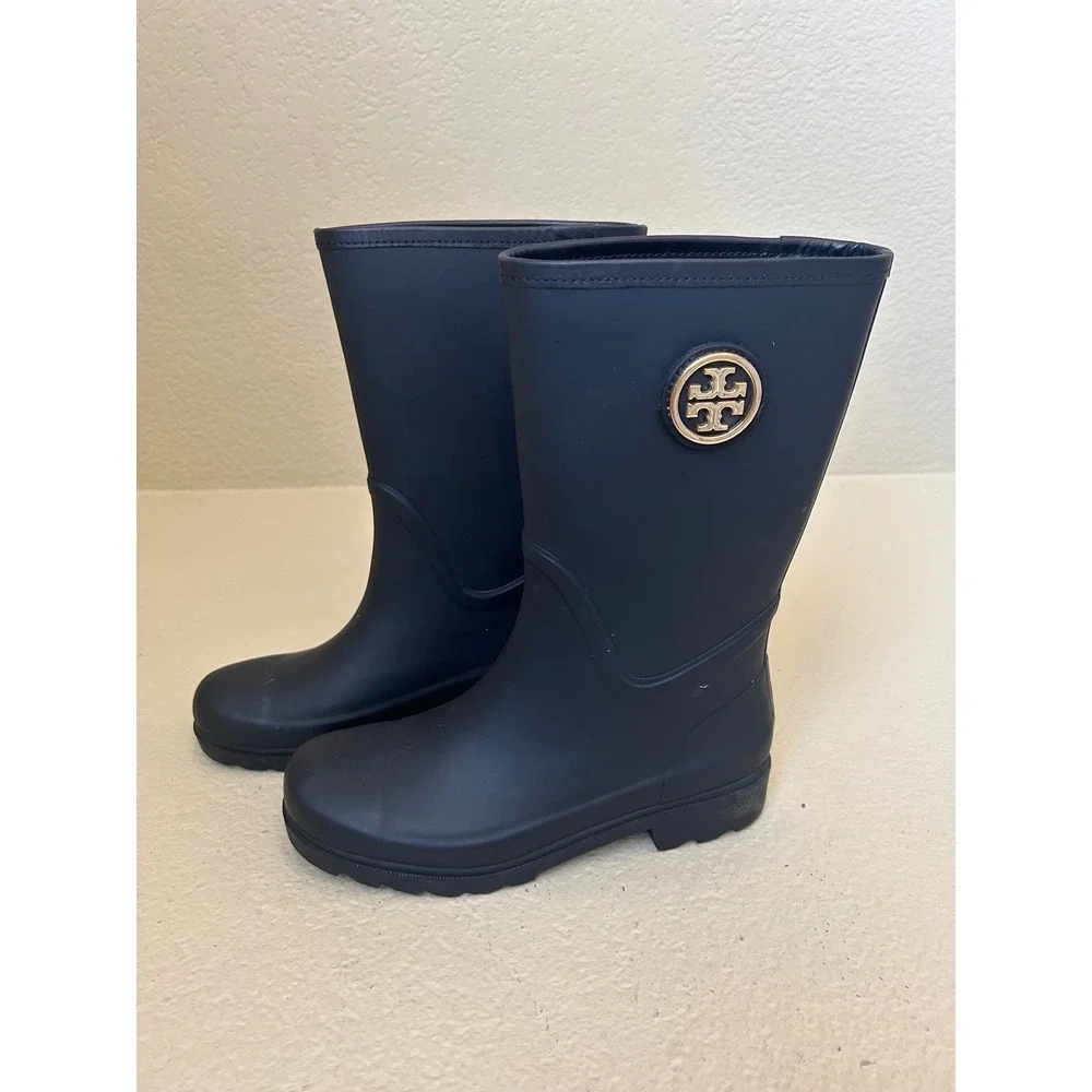 Tory Burch Maureen Rain Boots Black Rubber Logo Medallion Women's Size‎ 8